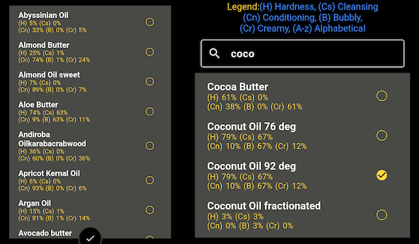SoapCalc Ultimate Oil & ingredient sorting